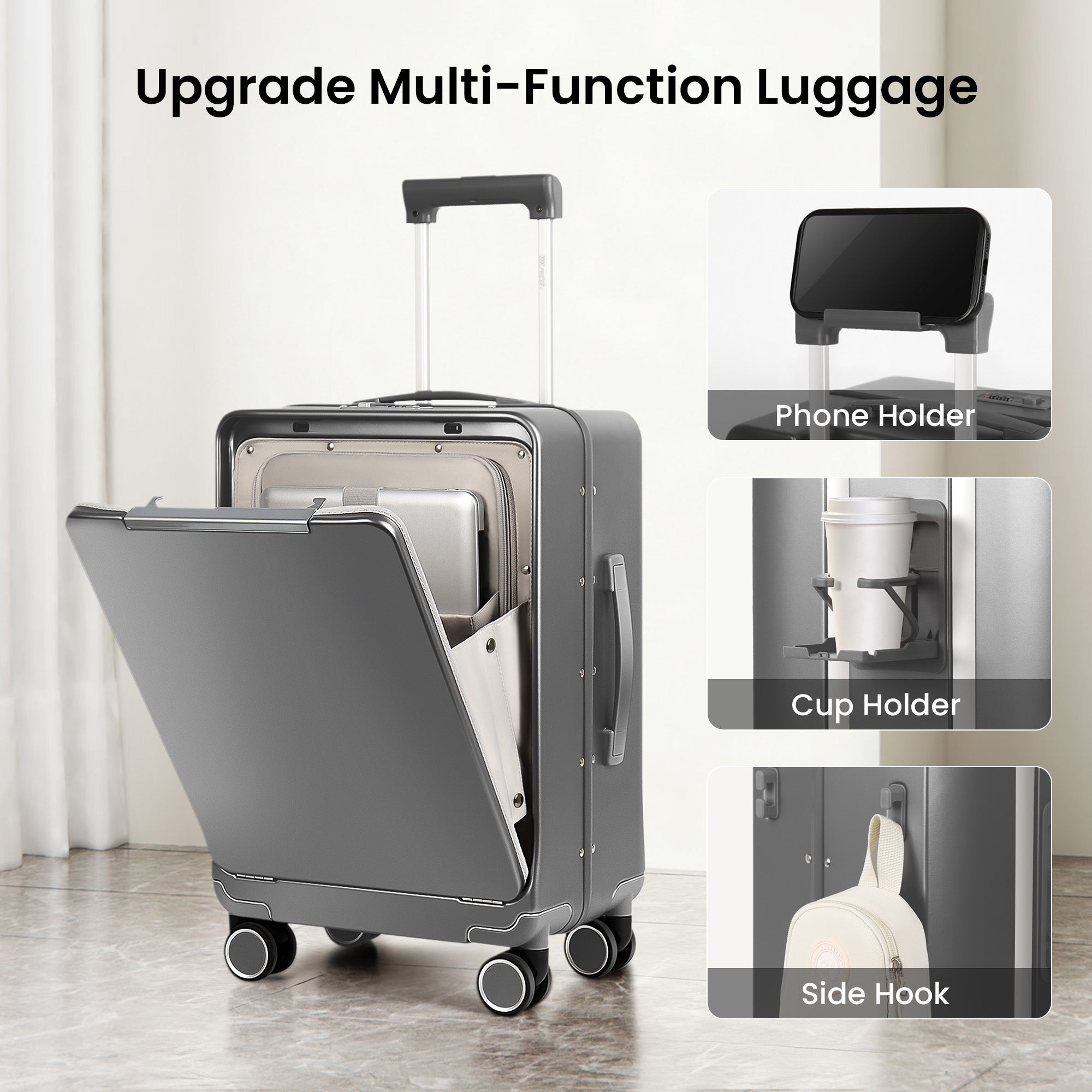 New York XPress LA-266, 20'' Carry on Luggage with Front Pocket & Cup Holder,Suitcase with Aluminum Frame,PC Hard Shell Suitcases w/TSA LOCK
