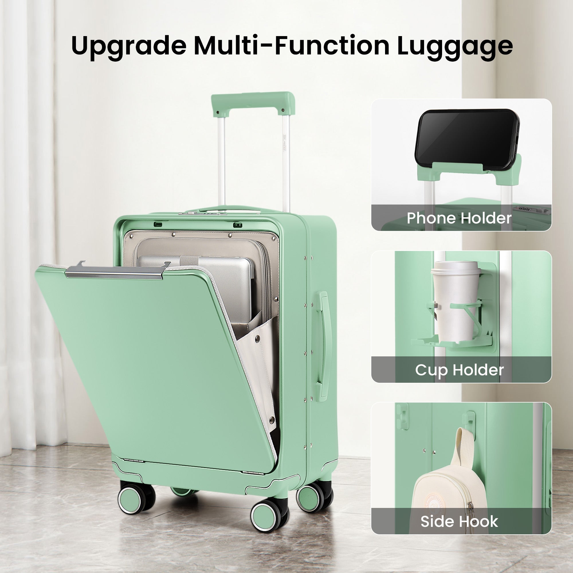 New York XPress LA-266, 20'' Carry on Luggage with Front Pocket & Cup Holder,Suitcase with Aluminum Frame,PC Hard Shell Suitcases w/TSA LOCK