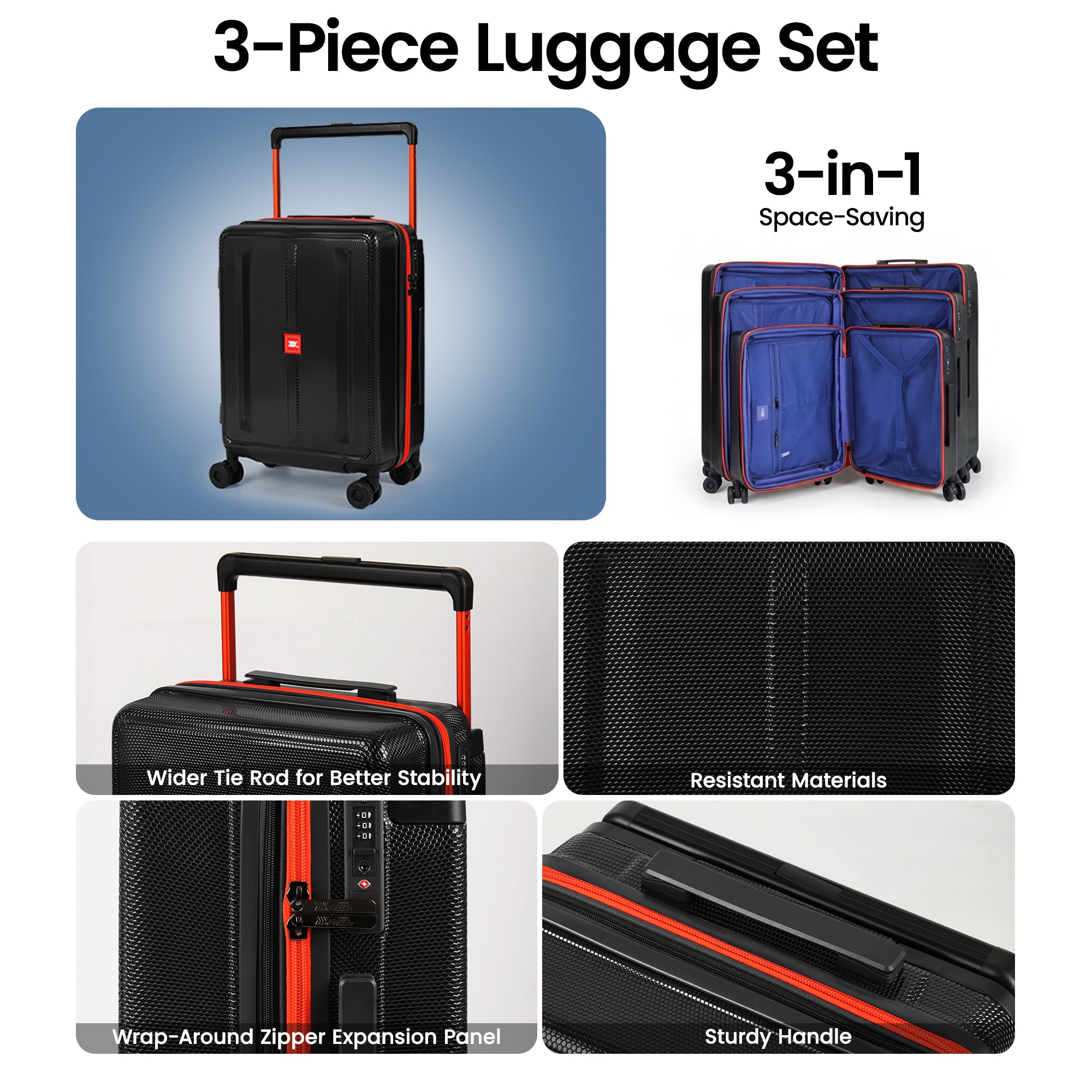 New York XPress LP-13803,3-Piece PC Hardshell Luggage, Expandable 20%, Spinner Wheels, TSA Lock, Wide Handle（20in/26in30in）