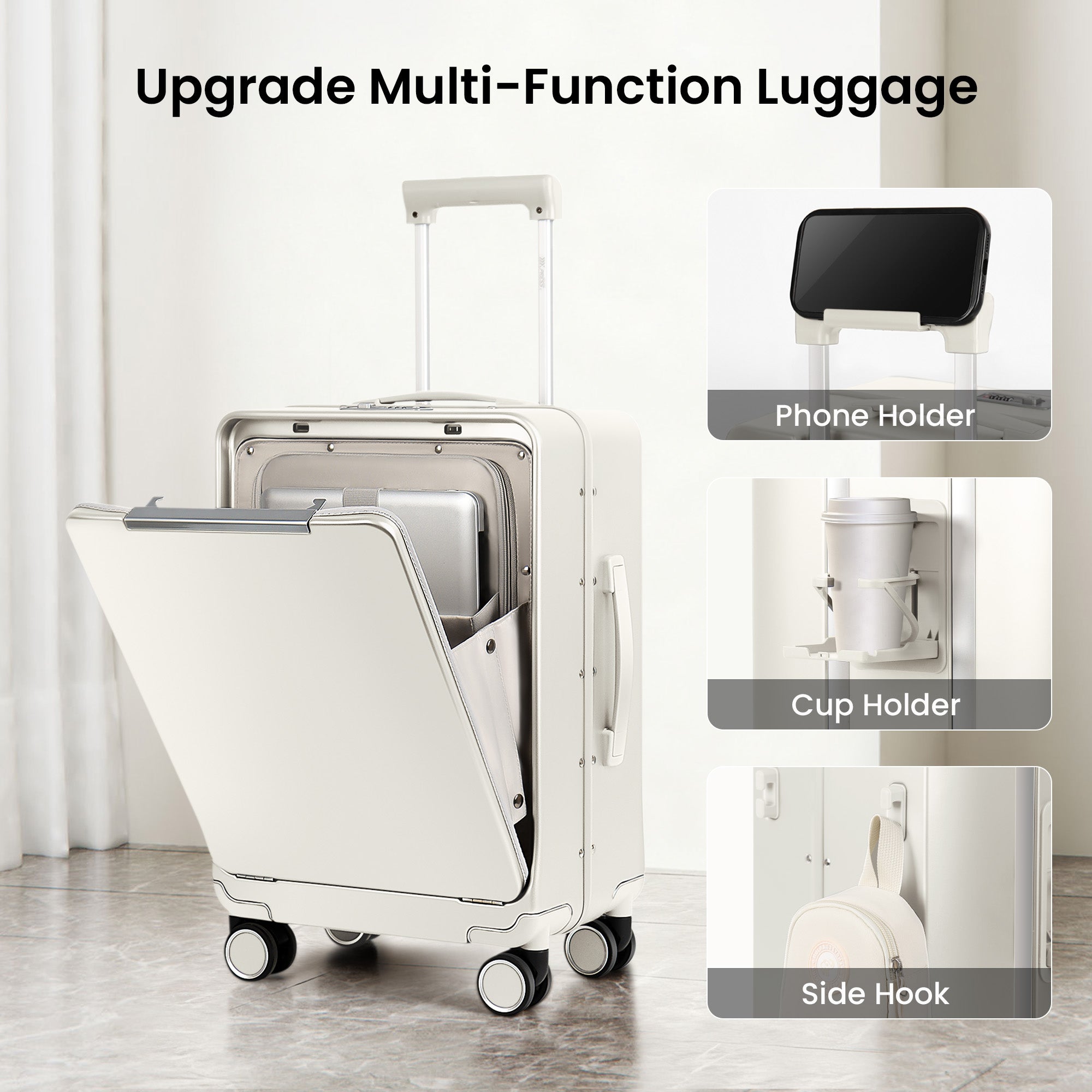 New York XPress LA-266, 20'' Carry on Luggage with Front Pocket & Cup Holder,Suitcase with Aluminum Frame,PC Hard Shell Suitcases w/TSA LOCK