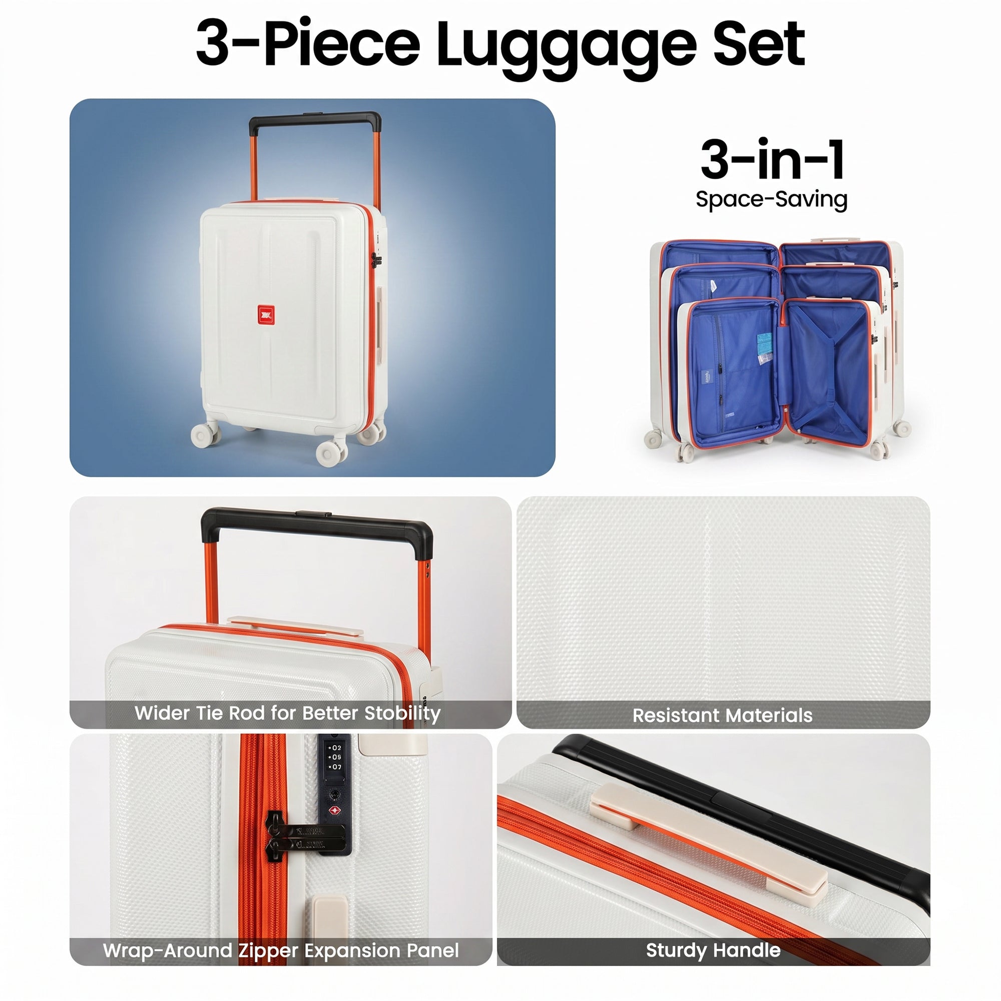 New York XPress LP-13803,3-Piece PC Hardshell Luggage, Expandable 20%, Spinner Wheels, TSA Lock, Wide Handle（20in/26in30in）