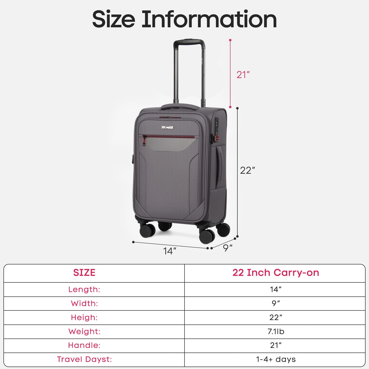New York XPress WD-8817 Single Suitcase 20''/26''/30'',Lightweight Carry-On Suitcase with Spinner Wheels and TSA LOCK,Upright Softshell Luggage