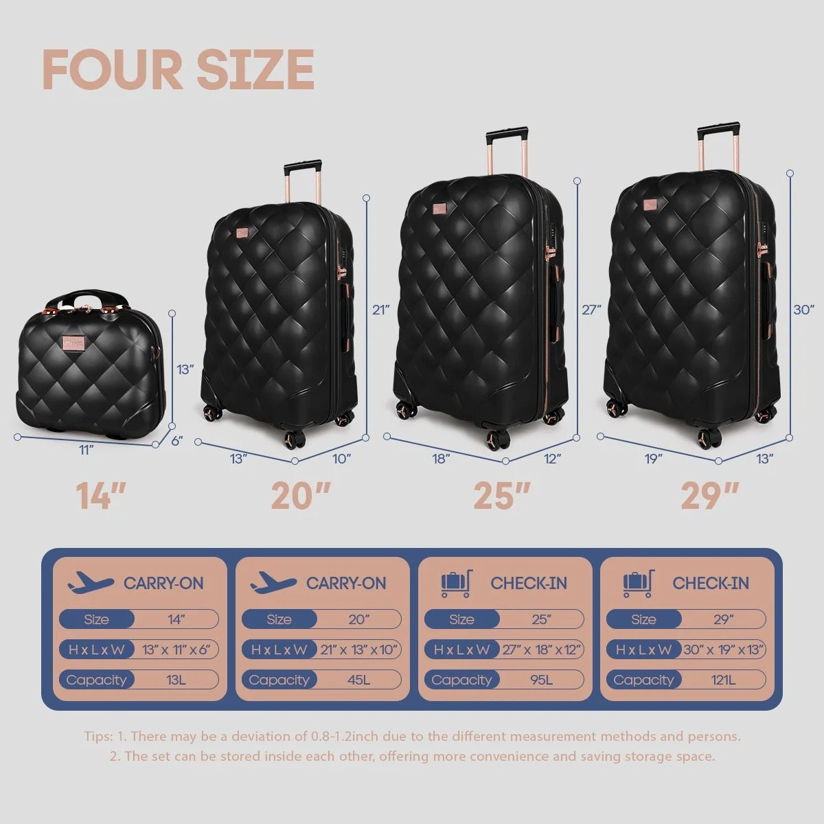 NEW YORK XPRESS  4 Piece, Hard Shell Expandable Luggage Sets(14" Travel Case,20"Carry on Luggage,25" 29" Checked Luggage)Ligthweight Hardside Travel Suitcase Set with Spinner Wheels TSA Lock