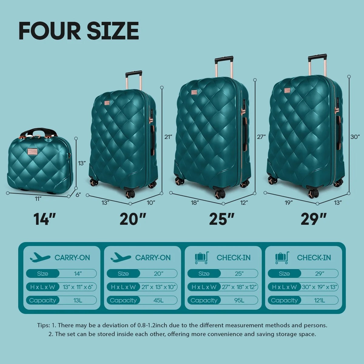 NEW YORK XPRESS  4 Piece, Hard Shell Expandable Luggage Sets(14" Travel Case,20"Carry on Luggage,25" 29" Checked Luggage)Ligthweight Hardside Travel Suitcase Set with Spinner Wheels TSA Lock