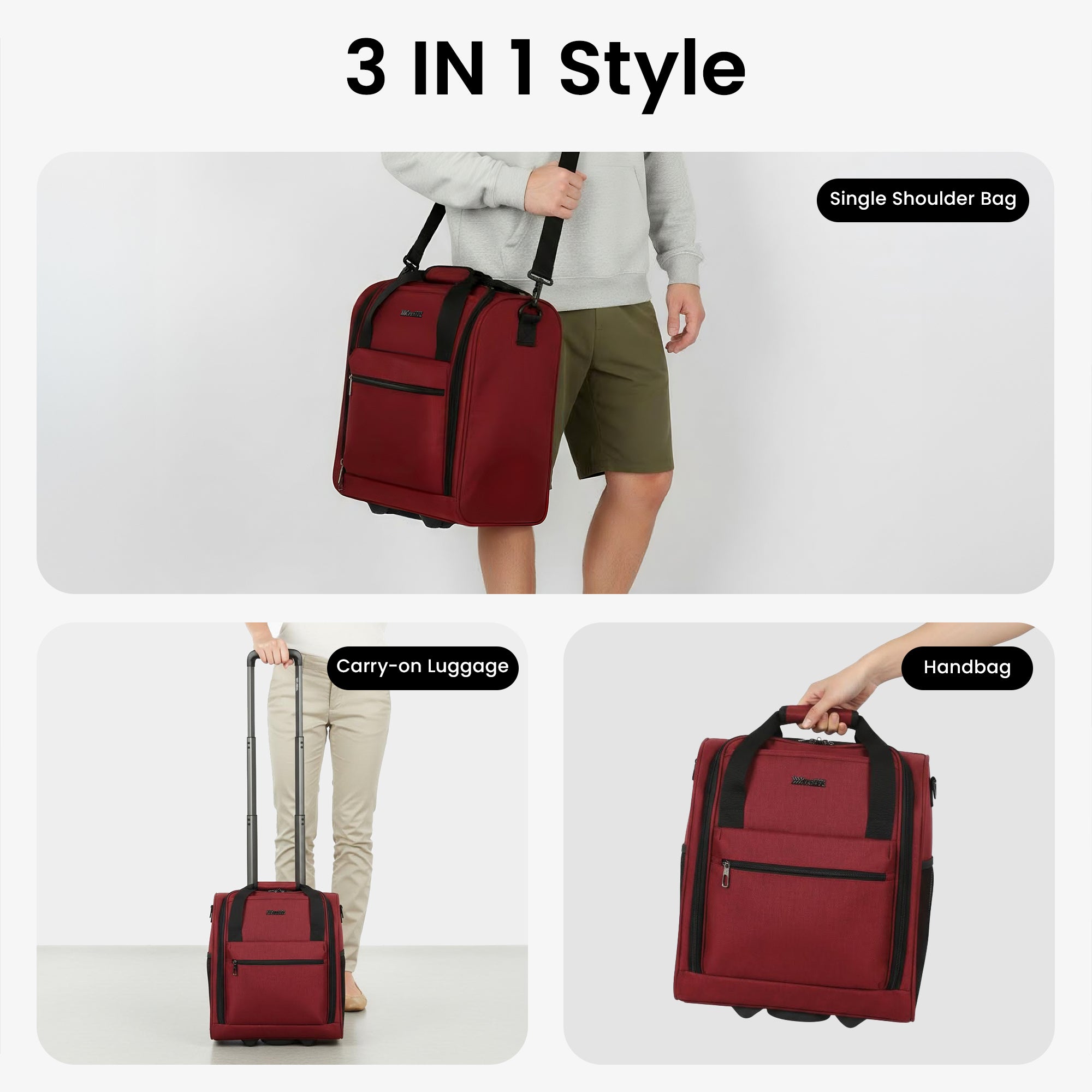 New York XPress TA-13-16,16'' Softside Carry-On Luggage for Airplane,3-in-1 Underseat Carry On Luggage with Wheels,Rolling Suitcase for Men/Women