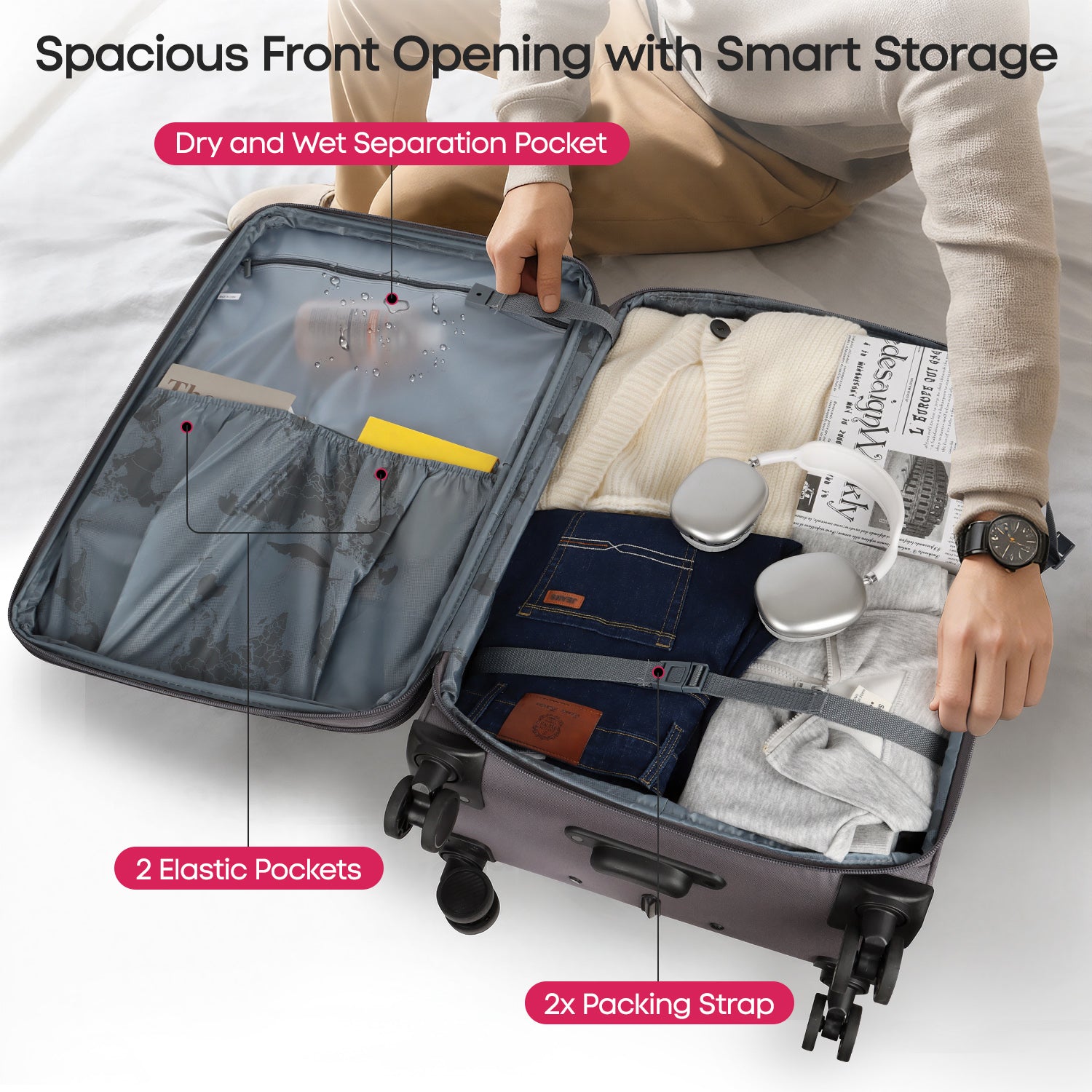 New York XPress WD-8817 Single Suitcase 20''/26''/30'',Lightweight Carry-On Suitcase with Spinner Wheels and TSA LOCK,Upright Softshell Luggage