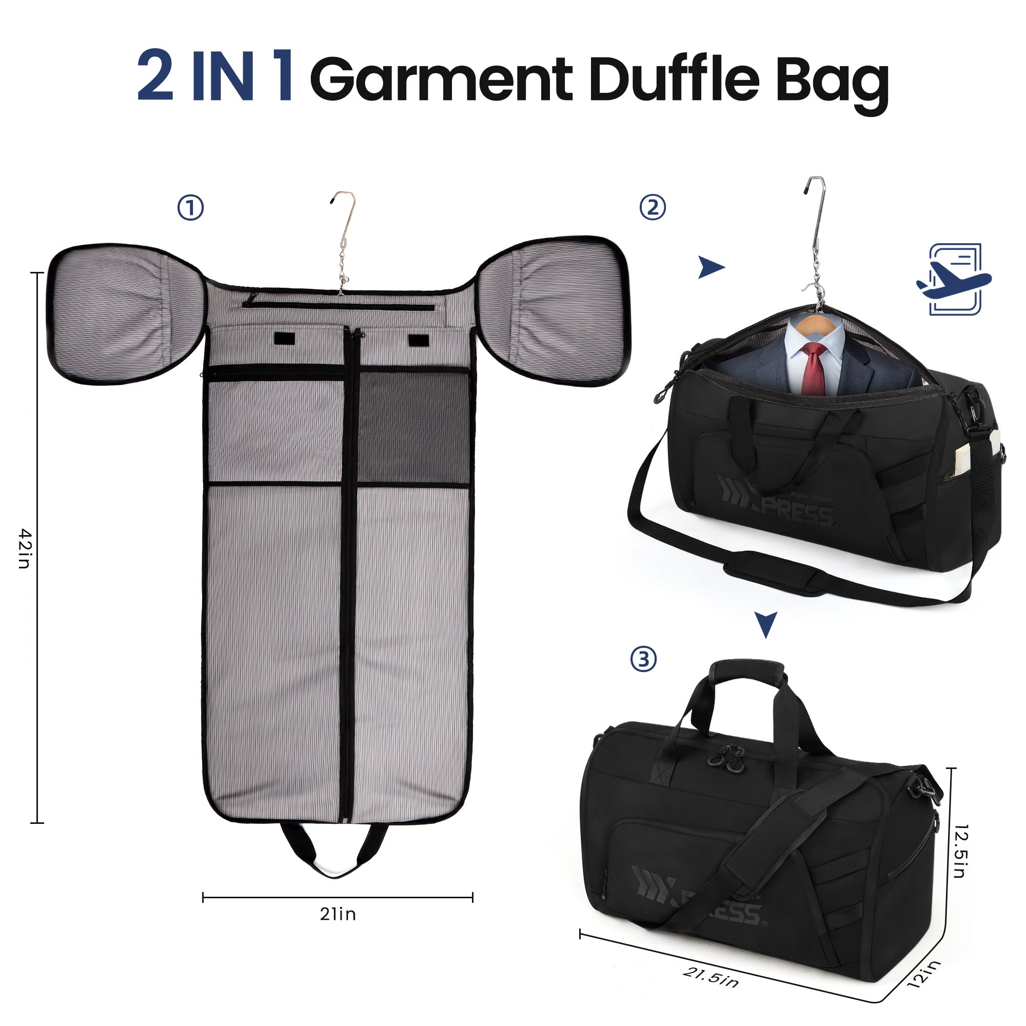 New York XPress GB-261, 2 in 1 Convertible Garment Bag for Travel,Carry on Garment Duffel Bag with Shoulder Strap,Hanging Suit Compartment,Duffle Bag