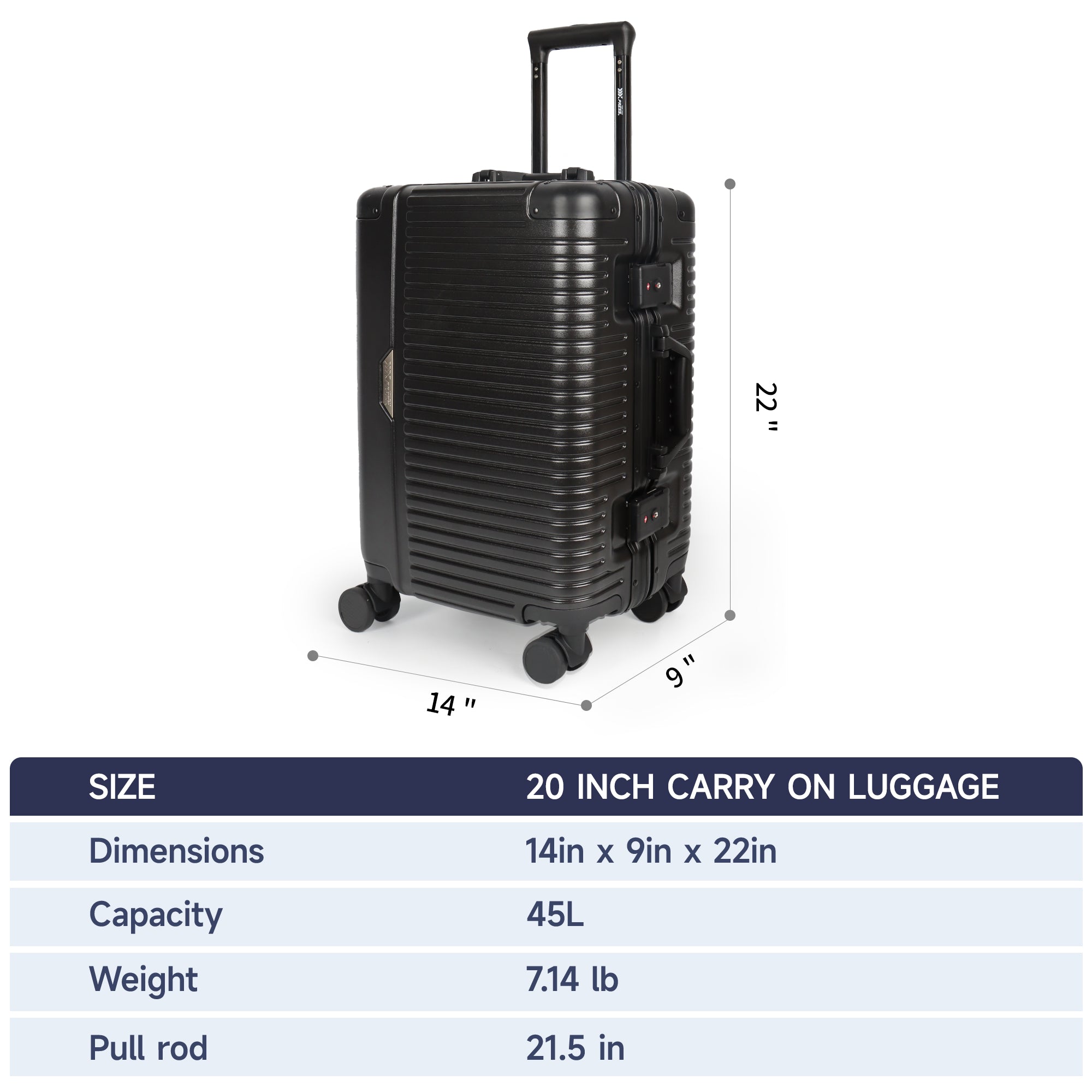 New York XPress AL1377 20" Aluminum Luggage, Zipperless Spinner Carry-On, TSA LOCK