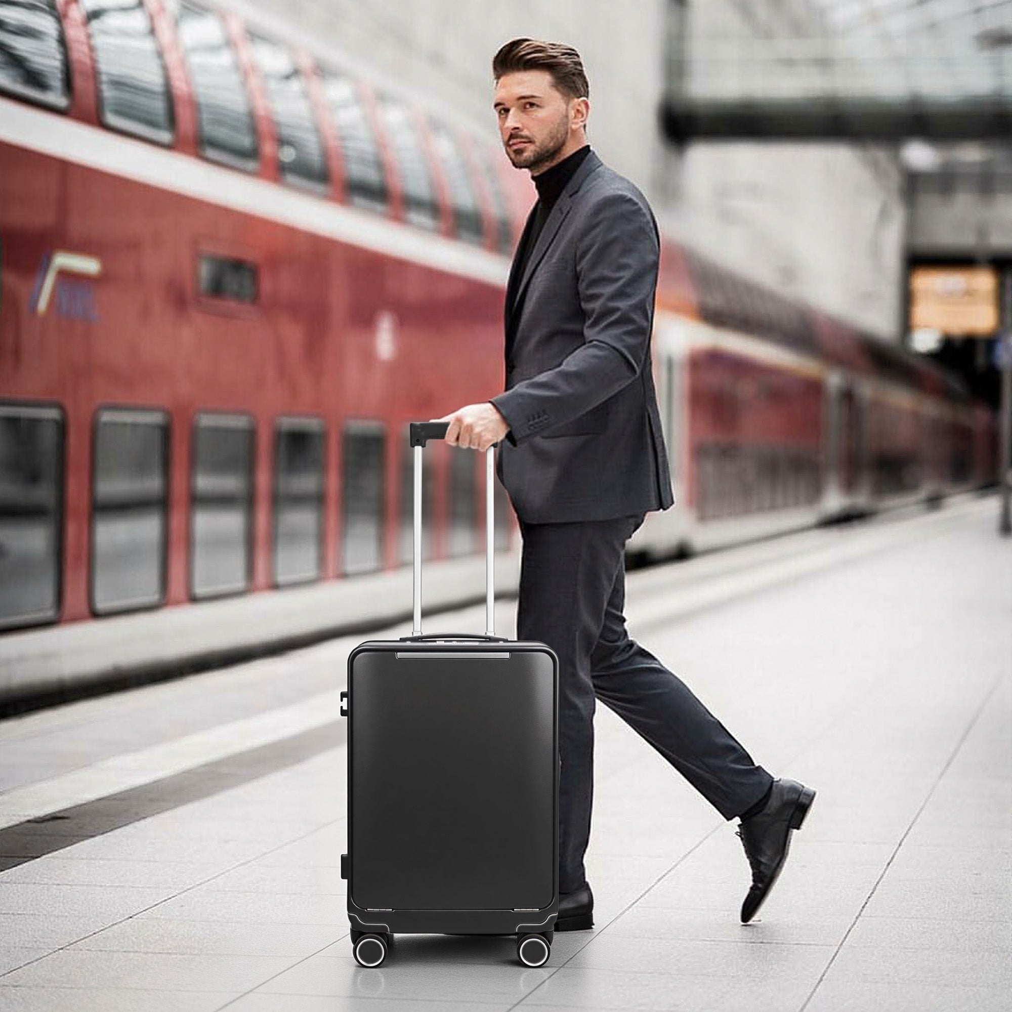 New York XPress LA-266, 20'' Carry on Luggage with Front Pocket & Cup Holder,Suitcase with Aluminum Frame,PC Hard Shell Suitcases w/TSA LOCK