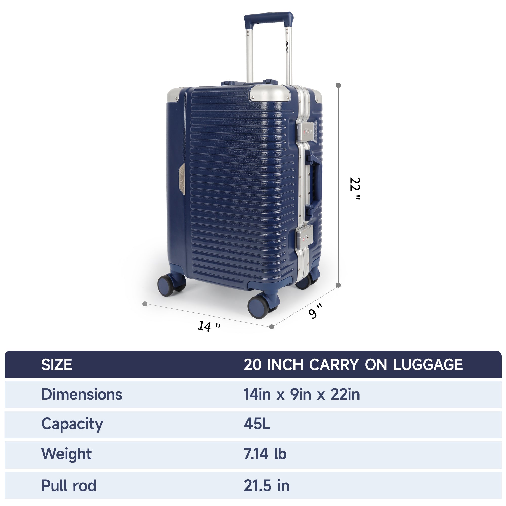 New York XPress AL1377 20" Aluminum Luggage, Zipperless Spinner Carry-On, TSA LOCK