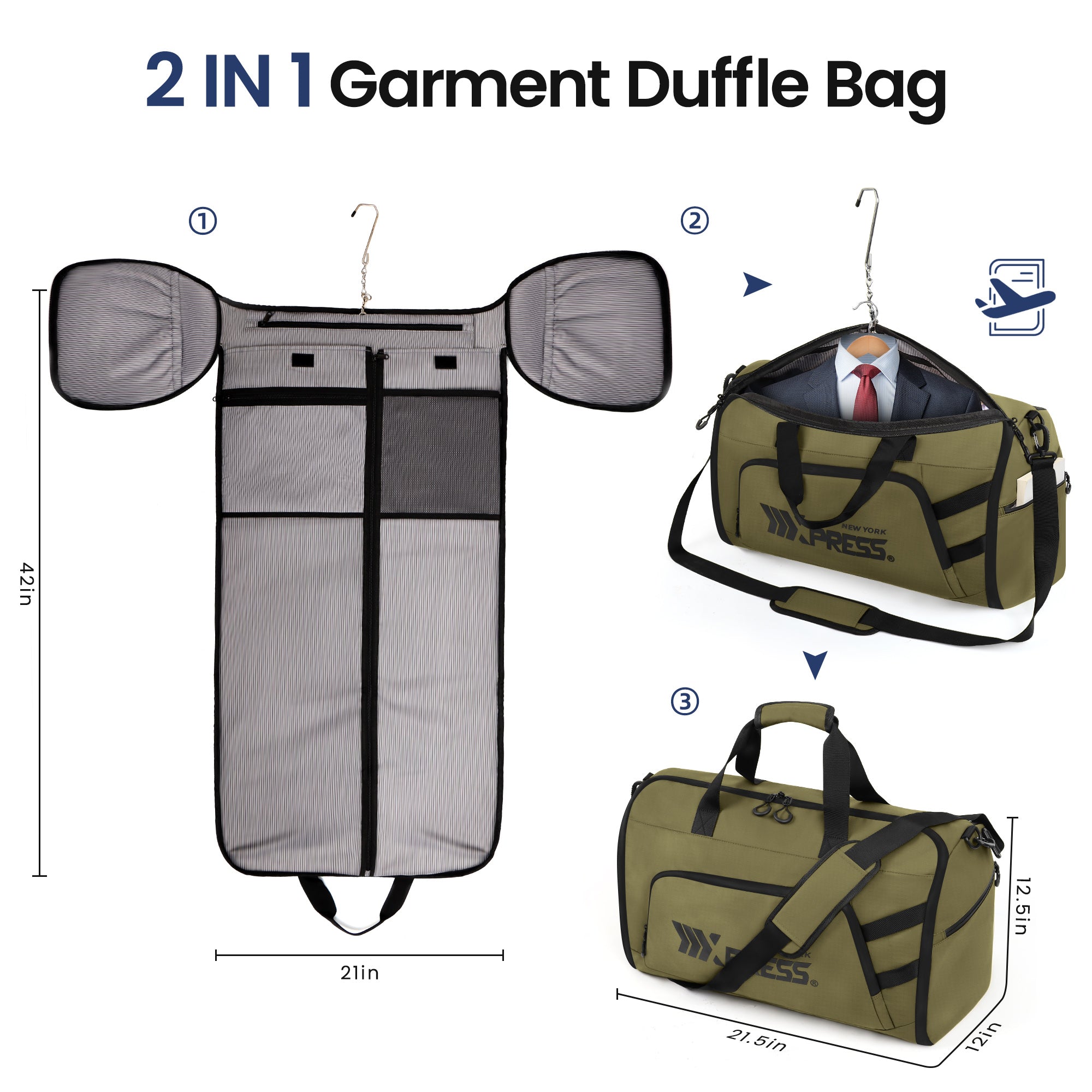 New York XPress GB-261, 2 in 1 Convertible Garment Bag for Travel,Carry on Garment Duffel Bag with Shoulder Strap,Hanging Suit Compartment,Duffle Bag