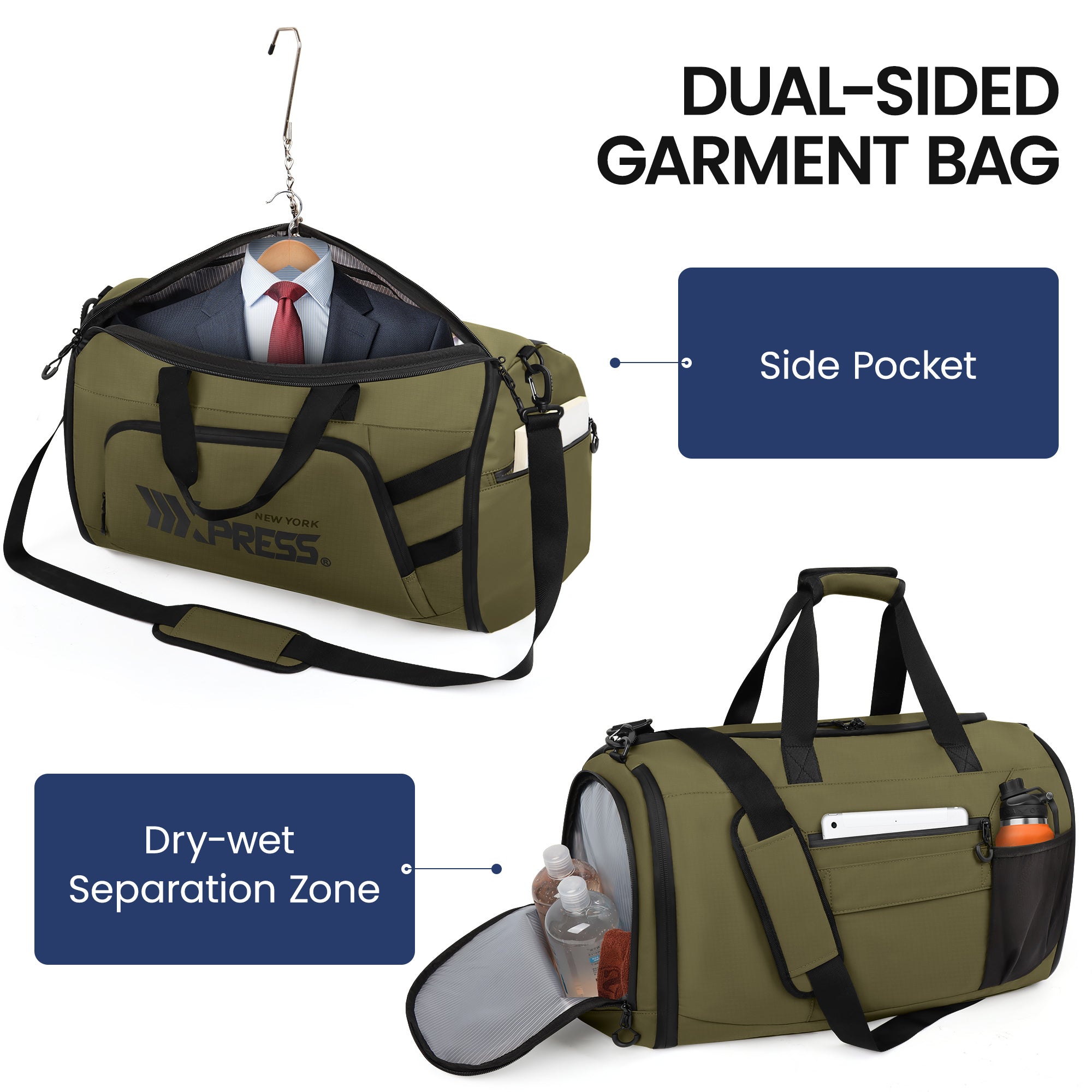 New York XPress GB-261, 2 in 1 Convertible Garment Bag for Travel,Carry on Garment Duffel Bag with Shoulder Strap,Hanging Suit Compartment,Duffle Bag
