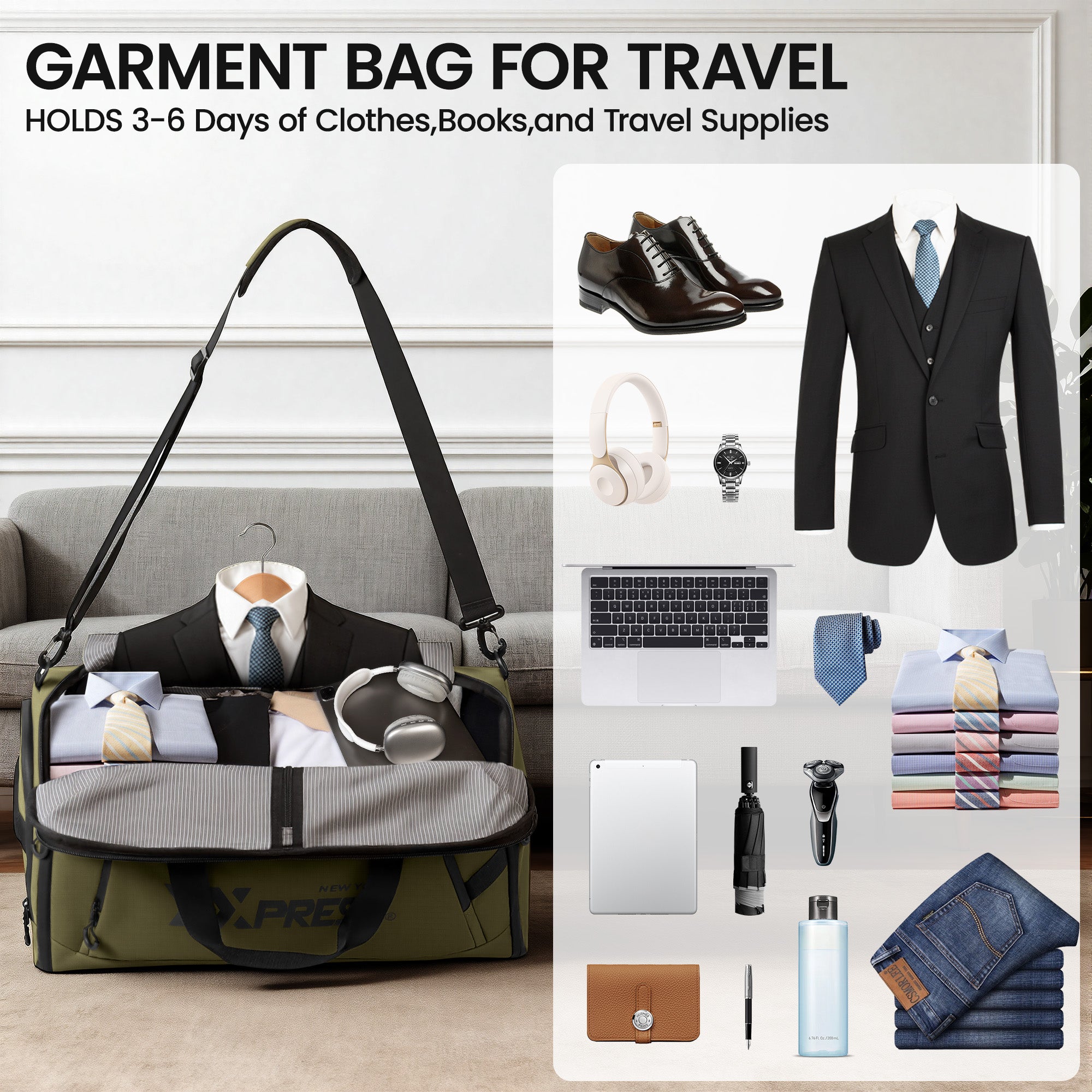 New York XPress GB-261, 2 in 1 Convertible Garment Bag for Travel,Carry on Garment Duffel Bag with Shoulder Strap,Hanging Suit Compartment,Duffle Bag