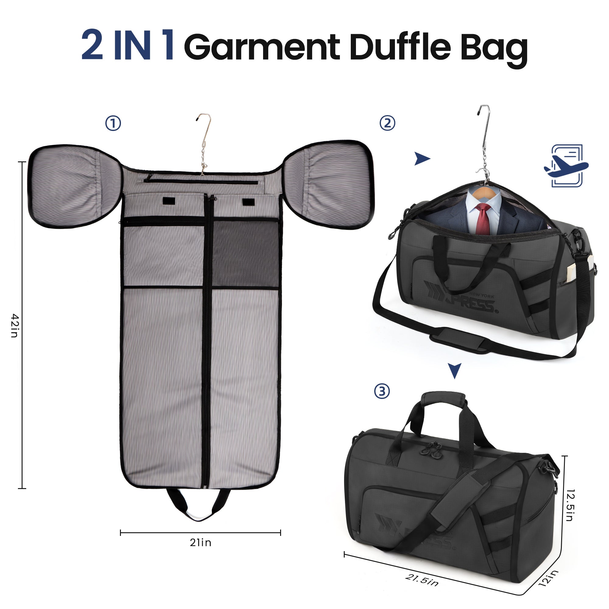 New York XPress GB-261, 2 in 1 Convertible Garment Bag for Travel,Carry on Garment Duffel Bag with Shoulder Strap,Hanging Suit Compartment,Duffle Bag