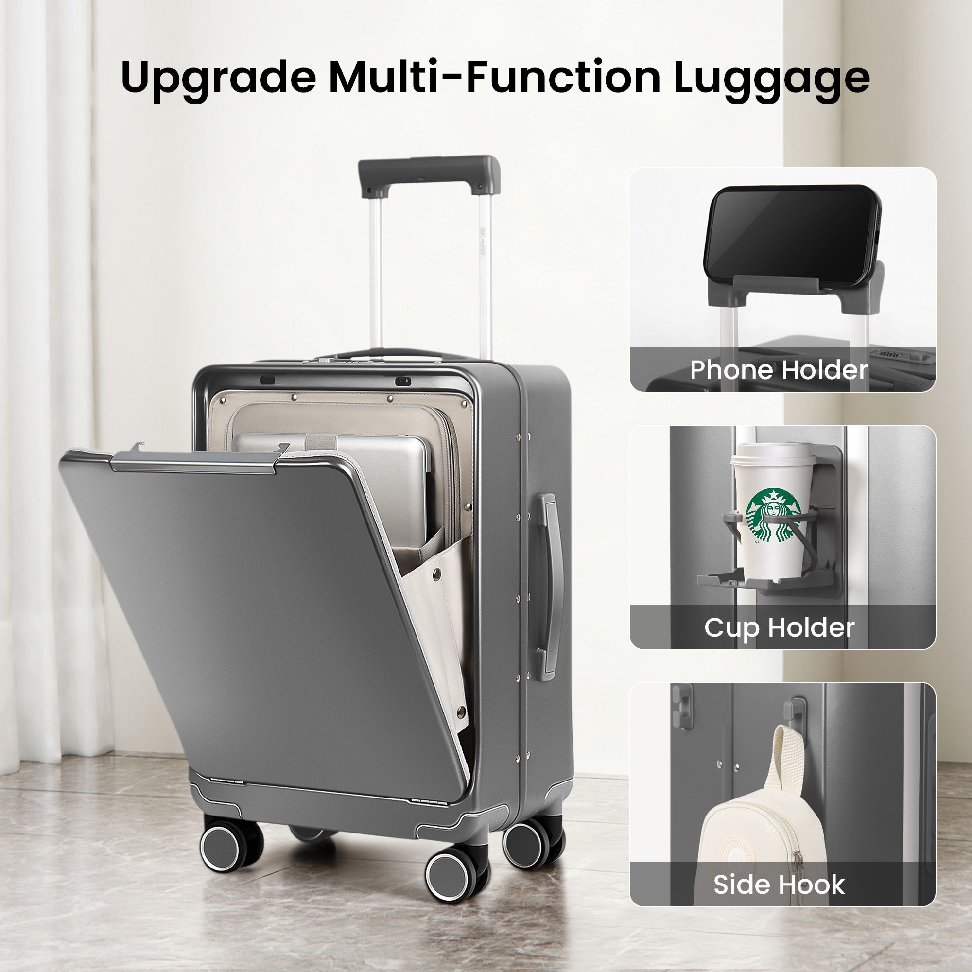 New York XPress LA-266, 20'' Carry on Luggage with Front Pocket & Cup Holder,Suitcase with Aluminum Frame,PC Hard Shell Suitcases w/TSA LOCK