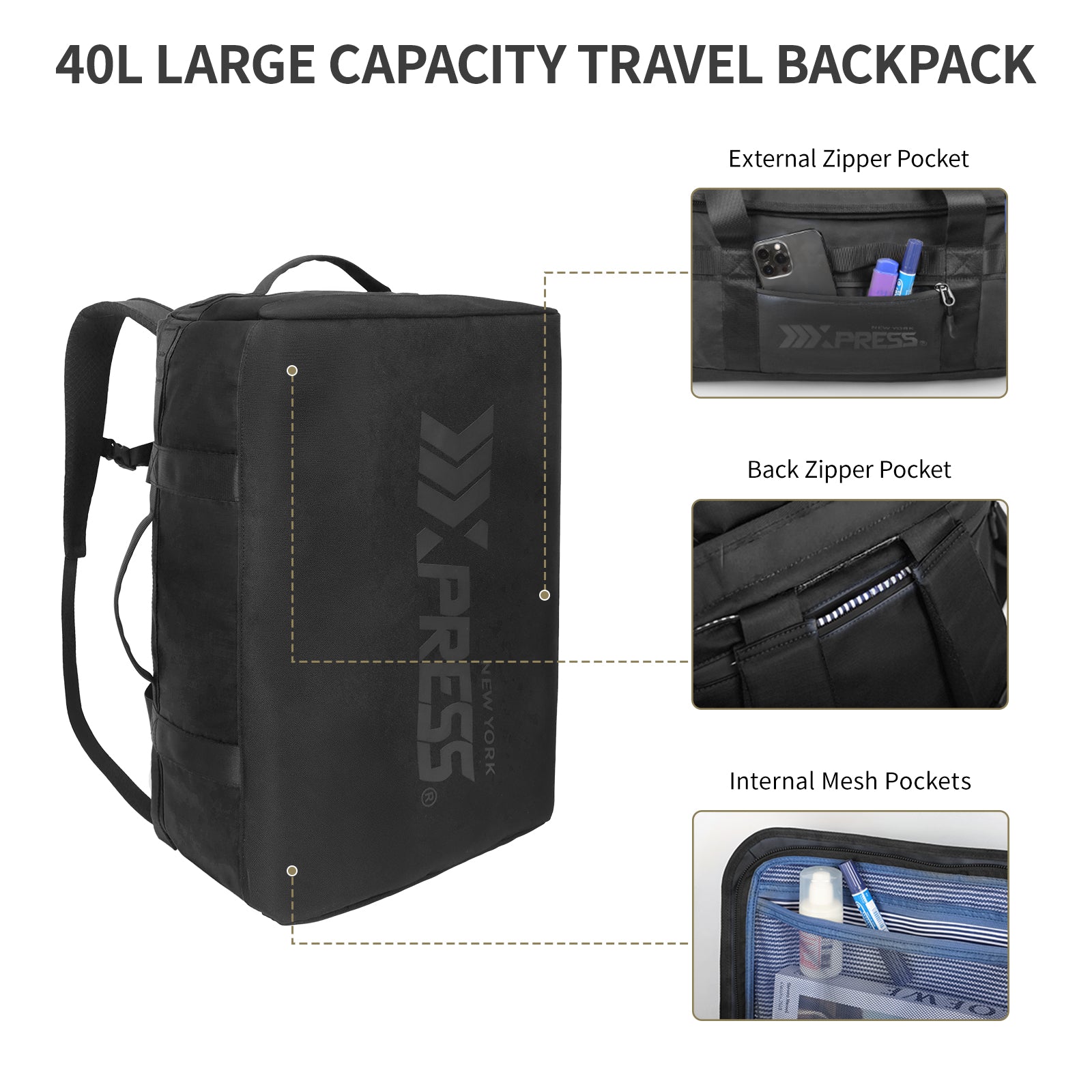 New York XPress LX-737-20''Backpack,2-in-1 Carry-on Backpack for Men Women 40L Sports Gym Bag with Backpack Straps,Water Resistant,for Travel/Gym