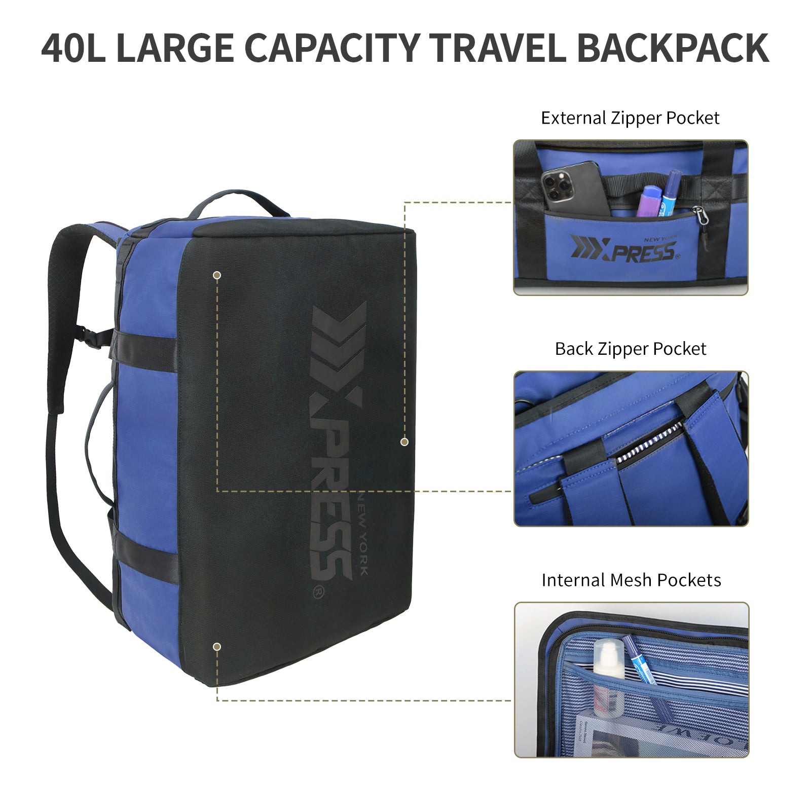 New York XPress LX-737-20''Backpack,2-in-1 Carry-on Backpack for Men Women 40L Sports Gym Bag with Backpack Straps,Water Resistant,for Travel/Gym