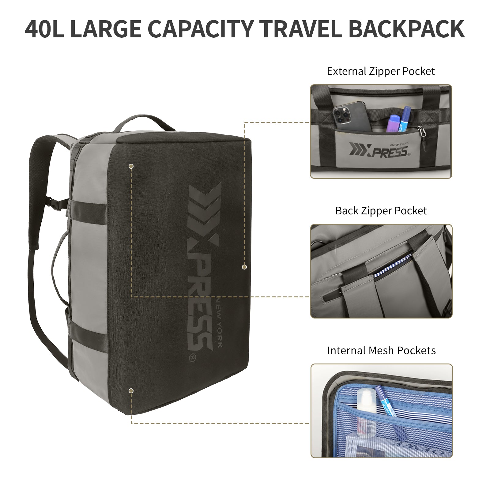 New York XPress LX-737-20''Backpack,2-in-1 Carry-on Backpack for Men Women 40L Sports Gym Bag with Backpack Straps,Water Resistant,for Travel/Gym