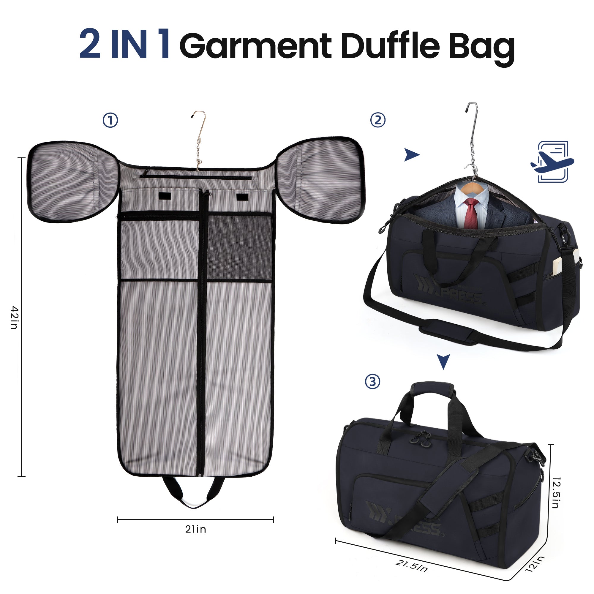New York XPress GB-261, 2 in 1 Convertible Garment Bag for Travel,Carry on Garment Duffel Bag with Shoulder Strap,Hanging Suit Compartment,Duffle Bag
