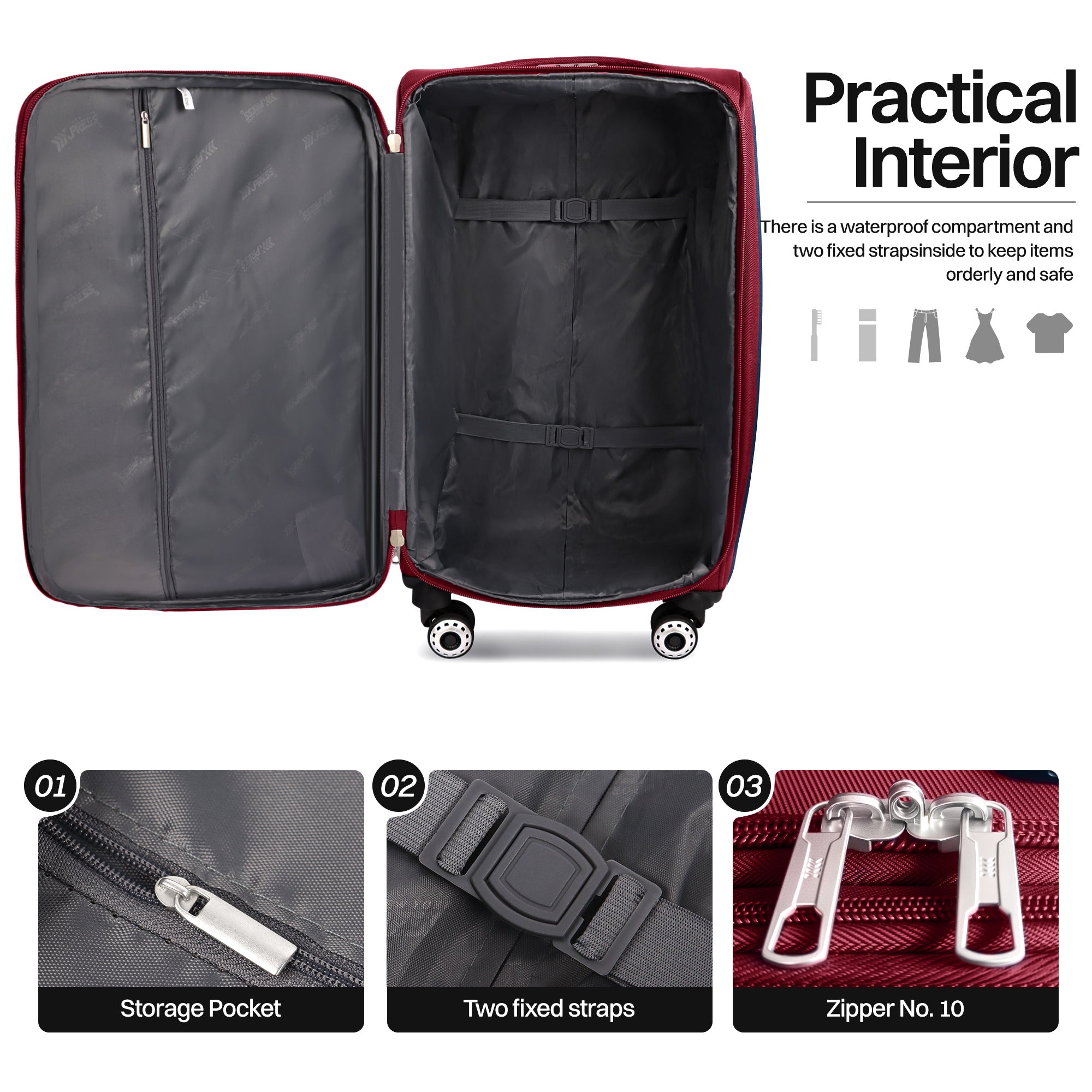NEW YORK XPRESS Luggage WD-8815,Softside 20in/24in/28in/32in Suitcase,Expandable Luggage,w/Spinner Wheels w/LOCK