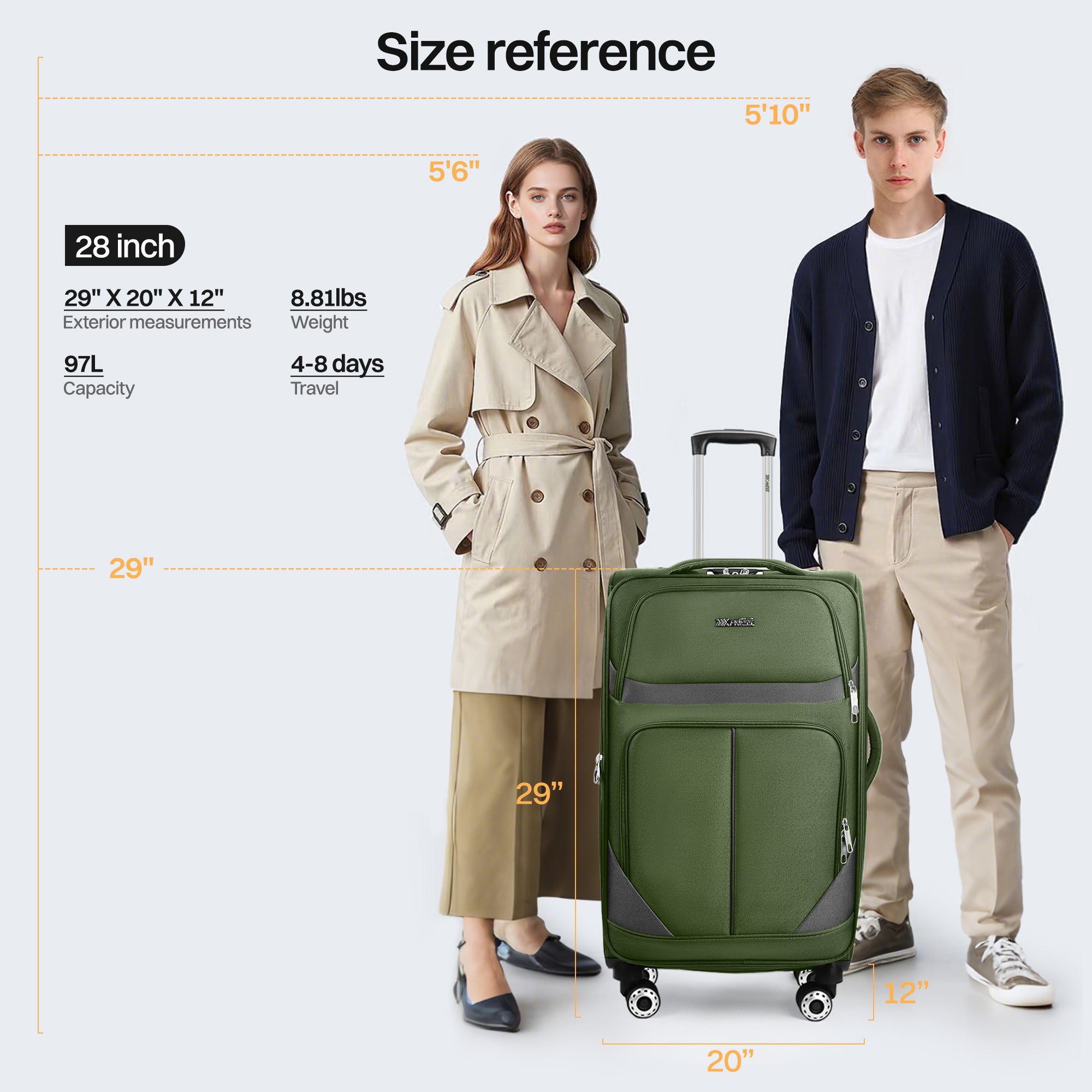 NEW YORK XPRESS Luggage WD-8815,Softside 20in/24in/28in/32in Suitcase,Expandable Luggage,w/Spinner Wheels w/LOCK