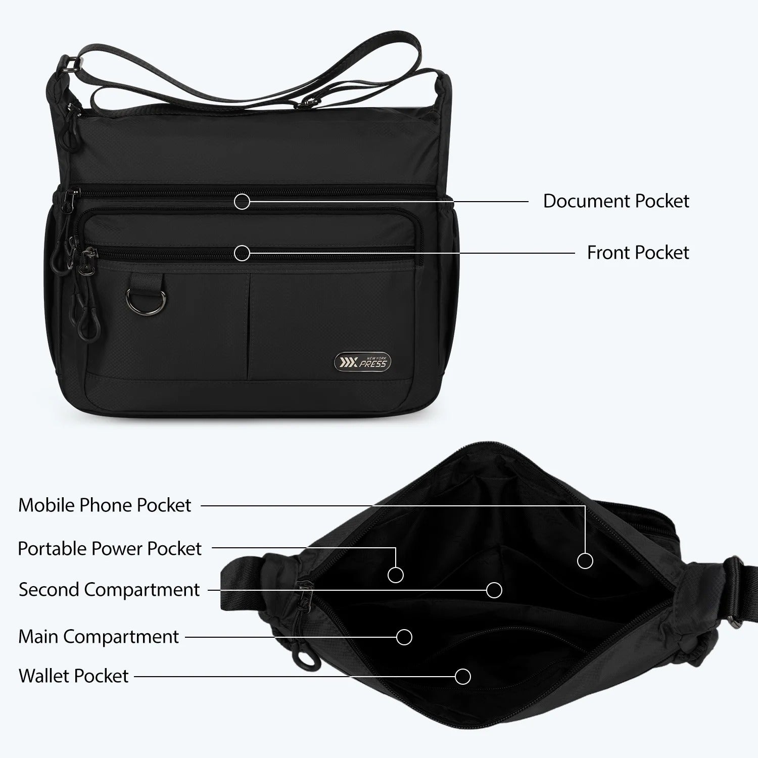 NEW YORK XPRESS TT-851 Unisex Water-Resistant Crossbody Bag, Multi Pocket for Travel ,Work , Daily Use 10"