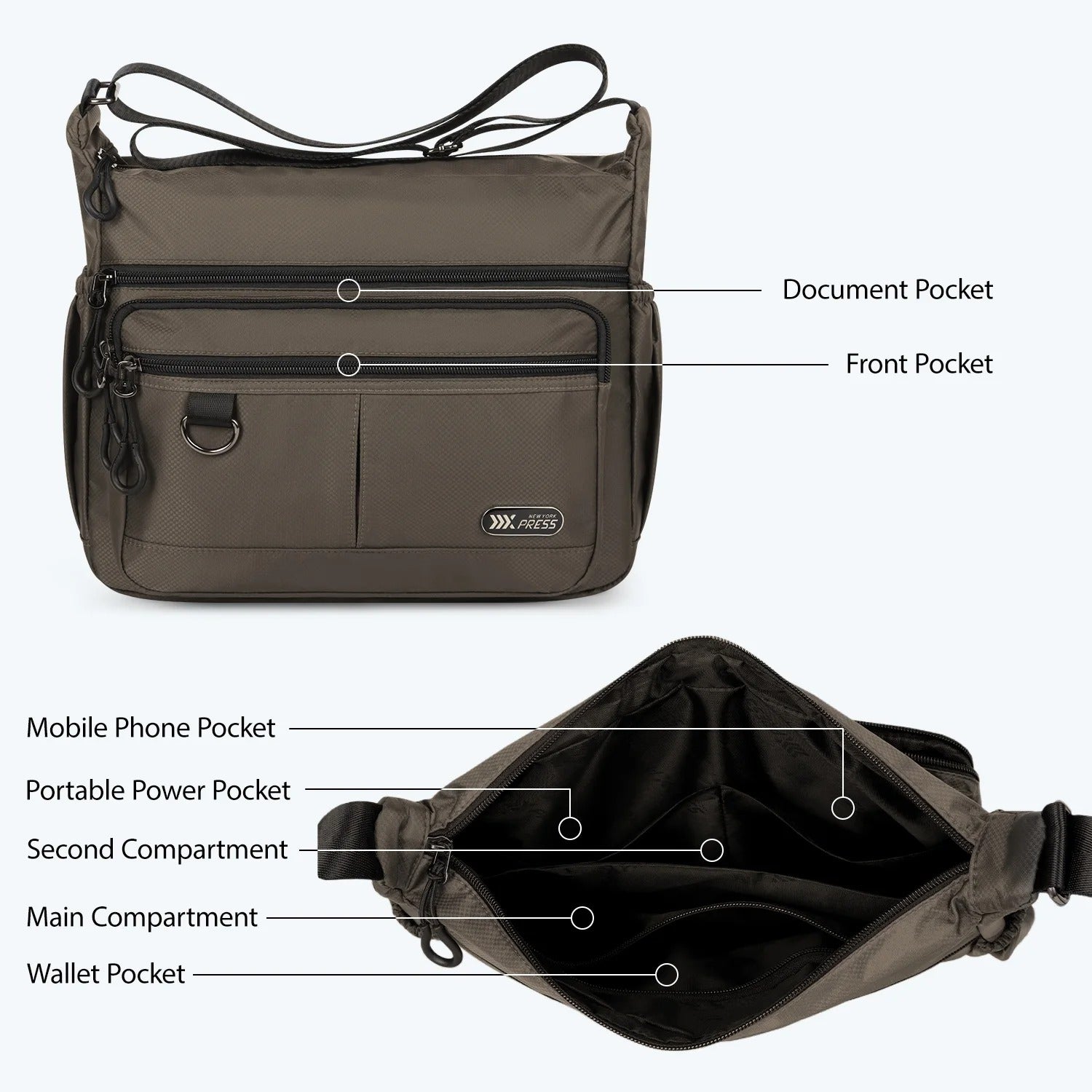 NEW YORK XPRESS TT-851 Unisex Water-Resistant Crossbody Bag, Multi Pocket for Travel ,Work , Daily Use 10"