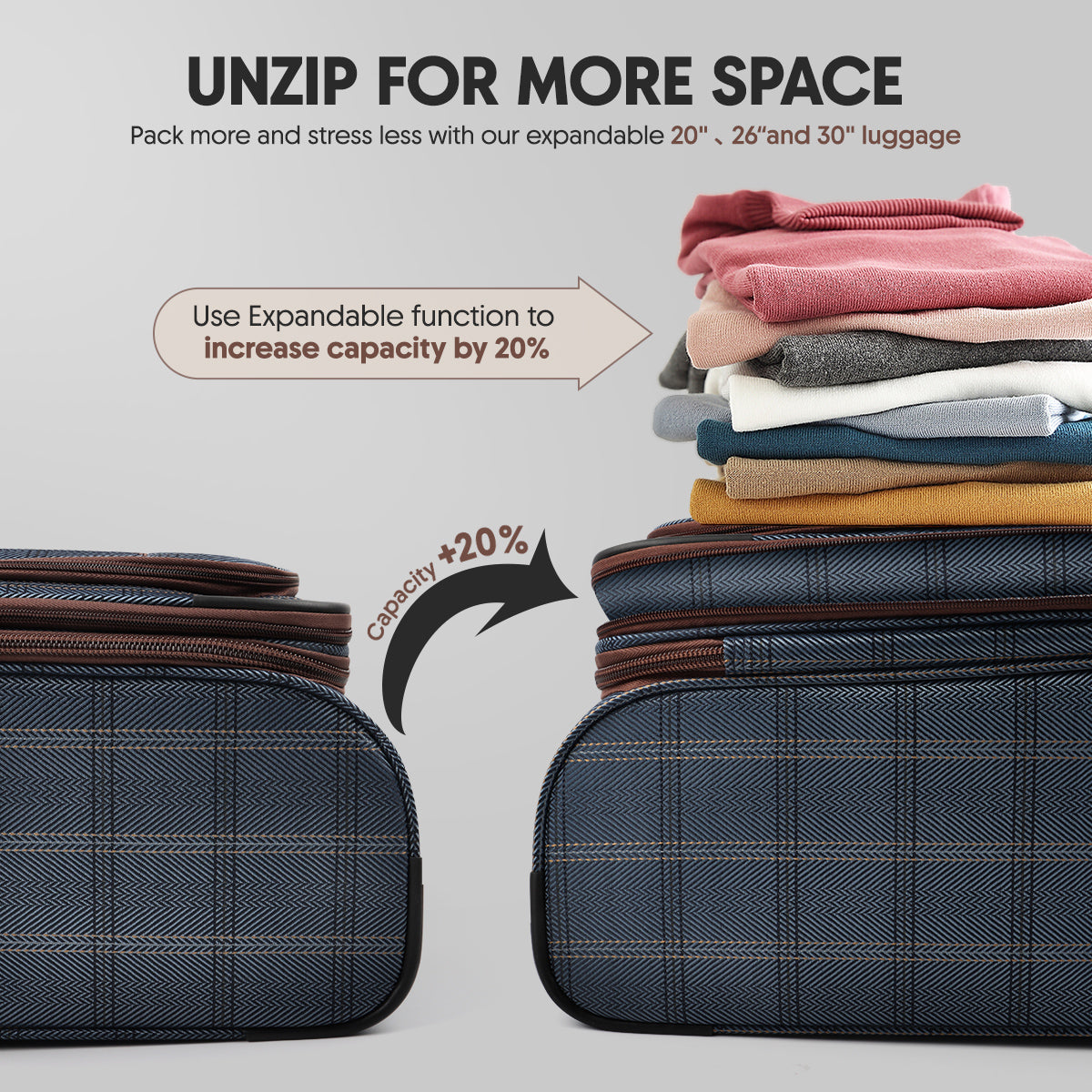 New York XPress XJ-2511-20'' Carry on Suitcase,26in/30in Softside Luggage w/TSA LOCK-Travel Luggage for Men Women
